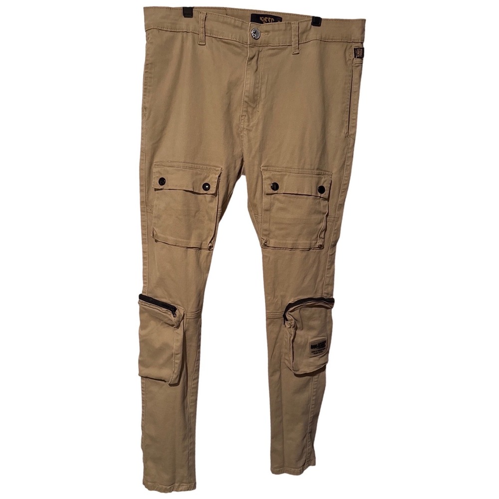 Kleep Cargo Pants Stretch Multi Pocket Utility Streetwear Tan Men's 36